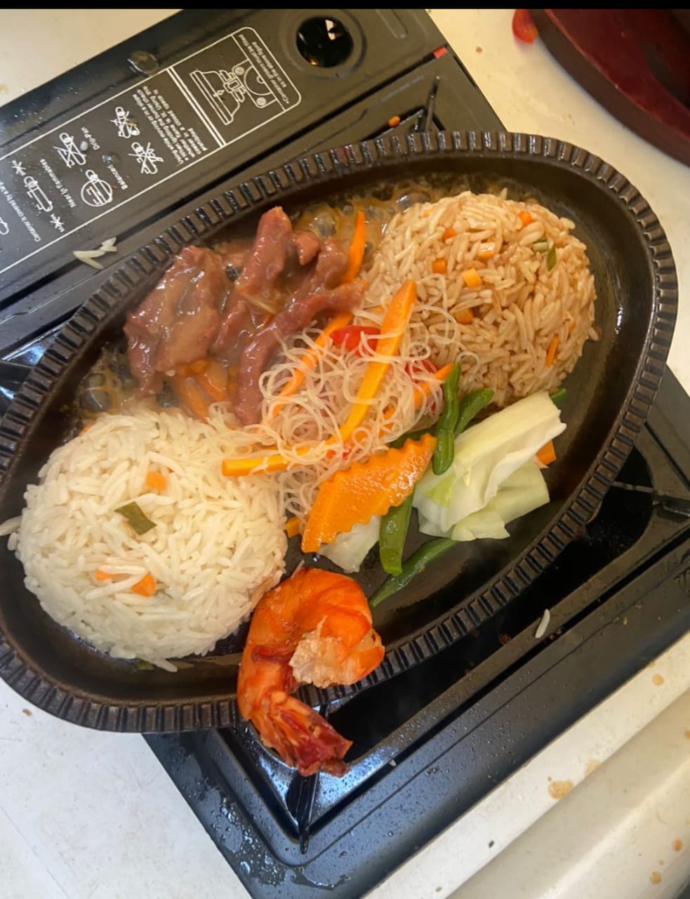 Chinese-style rice platter with beef, prawn and stir-fried vegetables