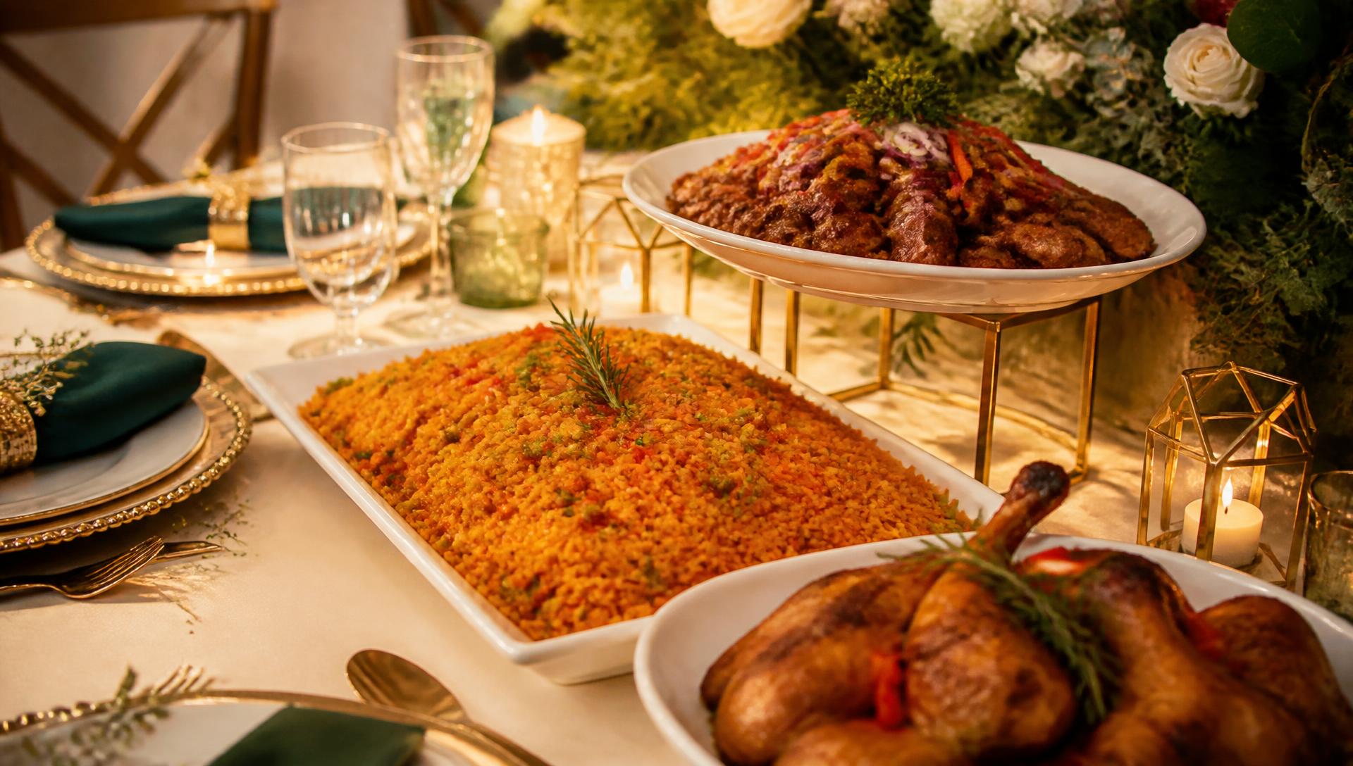 Nature Taste event table set with jollof rice, grilled chicken and warm candlelight